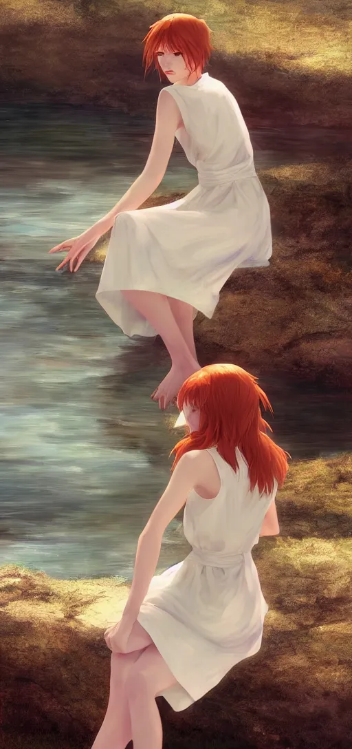 Prompt: southern ginger woman in simple cream dress sitting beside a river, airbrushed, hazy, gentle, soft lighting, wojtek fus, by makoto shinkai and ilya kuvshinov,