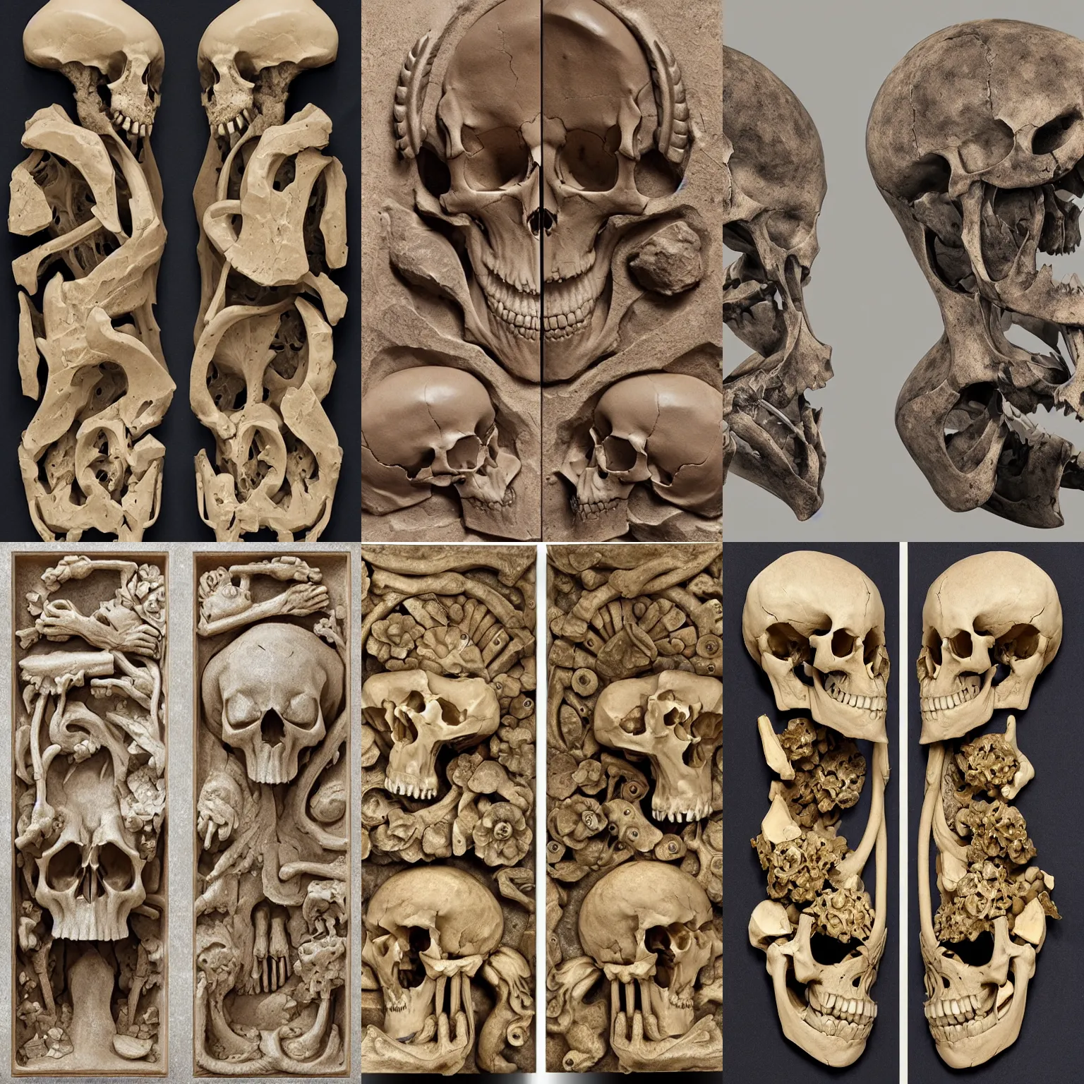 Prompt: epic diptych, flat shaped stone relief, fossil, mechanic bionic fungus flower cat skull skeleton dissection relief, by Lorenzo Ghiberti, by Goga Tandashvili, artstation, cgsociety, at Khajuraho