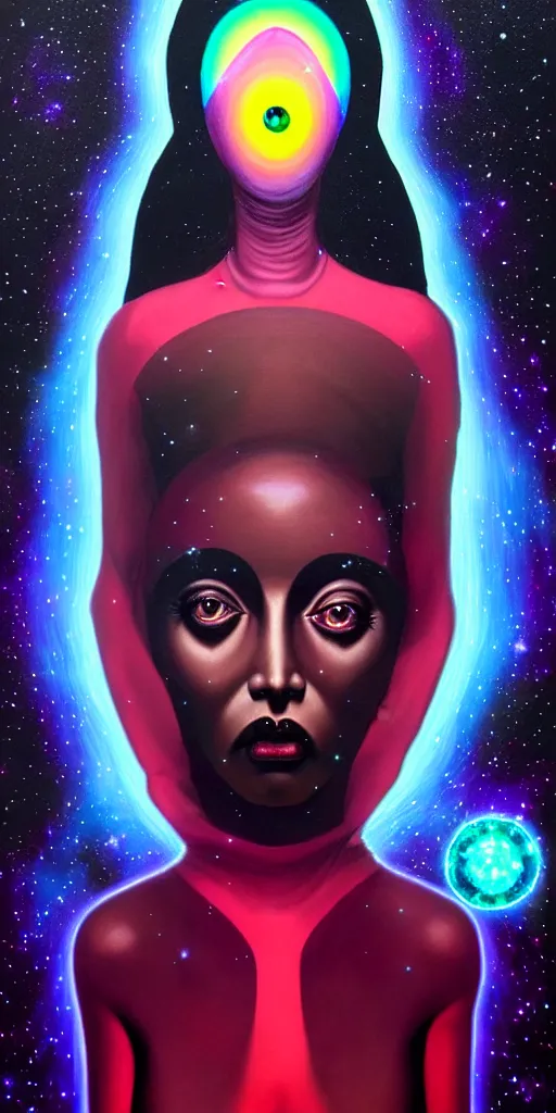 Image similar to patron saint of 🛸🌈👩🏾, futuristic gothic clothing, warped space, gravity, nebula, black hole, aries constellation, multiverse, neon god of city character portrait, in the style of margaret keane, moebius, tom bagshaw, and waterhouse, cinematic lighting, beautiful, elegant, oil painting,