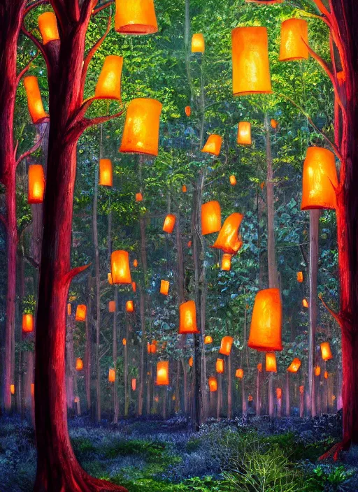 Prompt: painting of a forest at night lit by colorful paper lanterns, massive trees with warm windows, huge tree trunks, low light, dark blue sky, trending on artstation, highly detailed, in the style of Over the Garden Wall