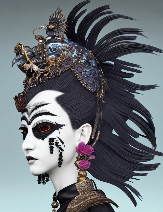 Image similar to 3 d goddess close - up profile portrait punk with mohawk in victorian style with ram skull. beautiful intricately detailed japanese crow kitsune mask and clasical japanese kimono. betta fish, jellyfish phoenix, bio luminescent, plasma, ice, water, wind, creature, artwork by tooth wu and wlop and beeple and greg rutkowski