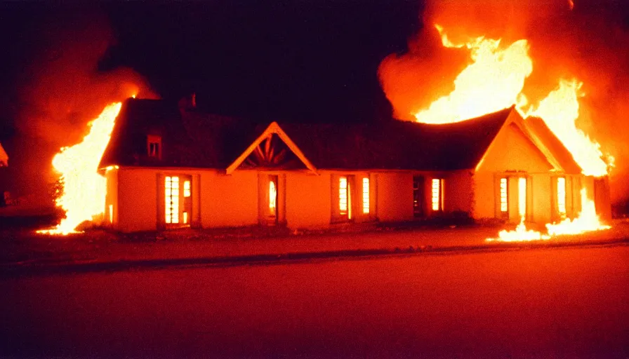 Prompt: 1 9 7 0 s movie still of a heavy burning french style little house in a small northern french village by night in autumn, cinestill 8 0 0 t 3 5 mm, heavy grain, high quality, high detail, dramatic light, anamorphic, flares