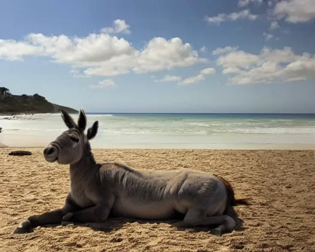 Prompt: realistic photo of a donkey wearing a suit sunbathing on a sunbed at the beach