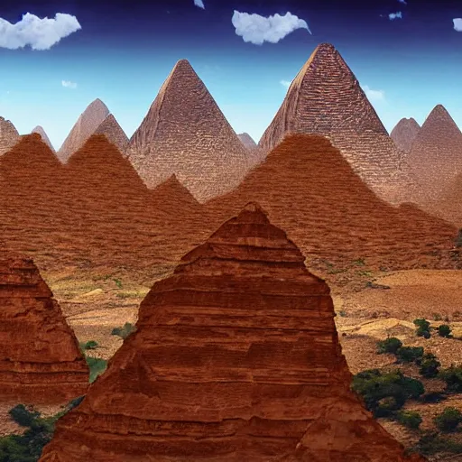 Prompt: the stone pyramids in the canyons are surrounded by mountains, a detailed matte painting by otto pilny, shutterstock contest winner, neo - primitivism, photo taken with ektachrome, playstation 5 screenshot, digitally enhanced, mexico