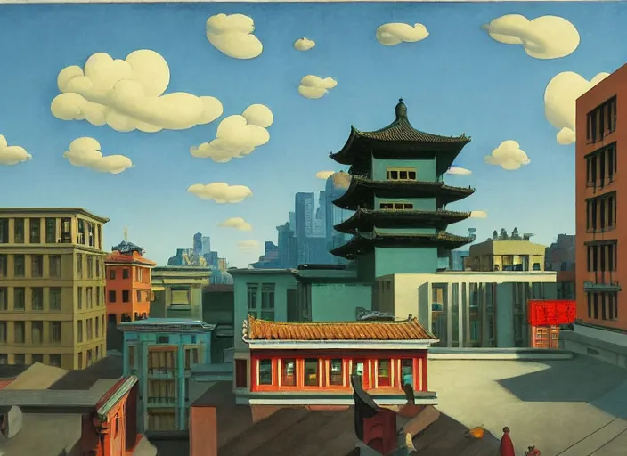 Prompt: old asian city, clouds, bird, open ceiling, strange foreign objects, oil painting by edward hopper, chirico and rene magritte