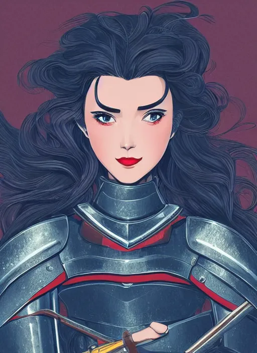 Image similar to a young woman in full plate armor with beautiful hair and red lips in a dramatic pose. she is a knight. clean cel shaded vector art. shutterstock. behance hd by lois van baarle, artgerm, helen huang, by makoto shinkai and ilya kuvshinov, rossdraws, illustration, art by ilya kuvshinov