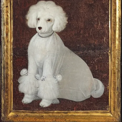 Image similar to portrait of a white poodle as an italian duchess, italo - byzantine era painting 9 0 0 ce