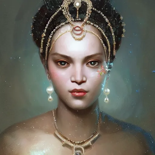 Image similar to a beautiful portrait of a pearl goddess with glittering skin by greg rutkowski and raymond swanland, trending on artstation, ultra realistic digital art