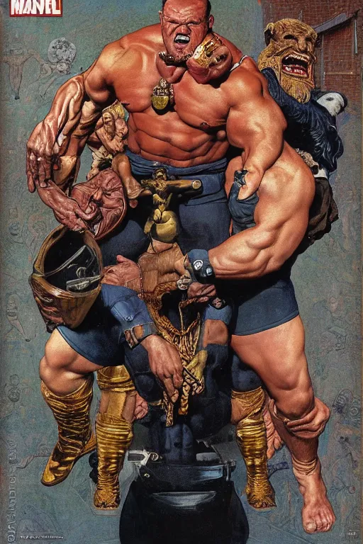 Image similar to upper body and head portrait of huge hulking jocko willink as marvel character wearing pants and shirt and boots and gold jewellery by alex ross and lawrence alma tadema and zdzislaw beksinski and norman rockwell and jack kirby and tom lovell and greg staples