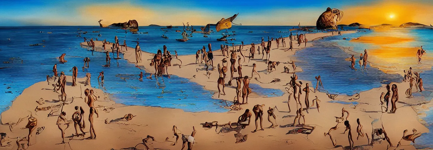 Image similar to People in beach by Salvador Dali and Bob Ross collaboration, mural, sun set, digital art, high details