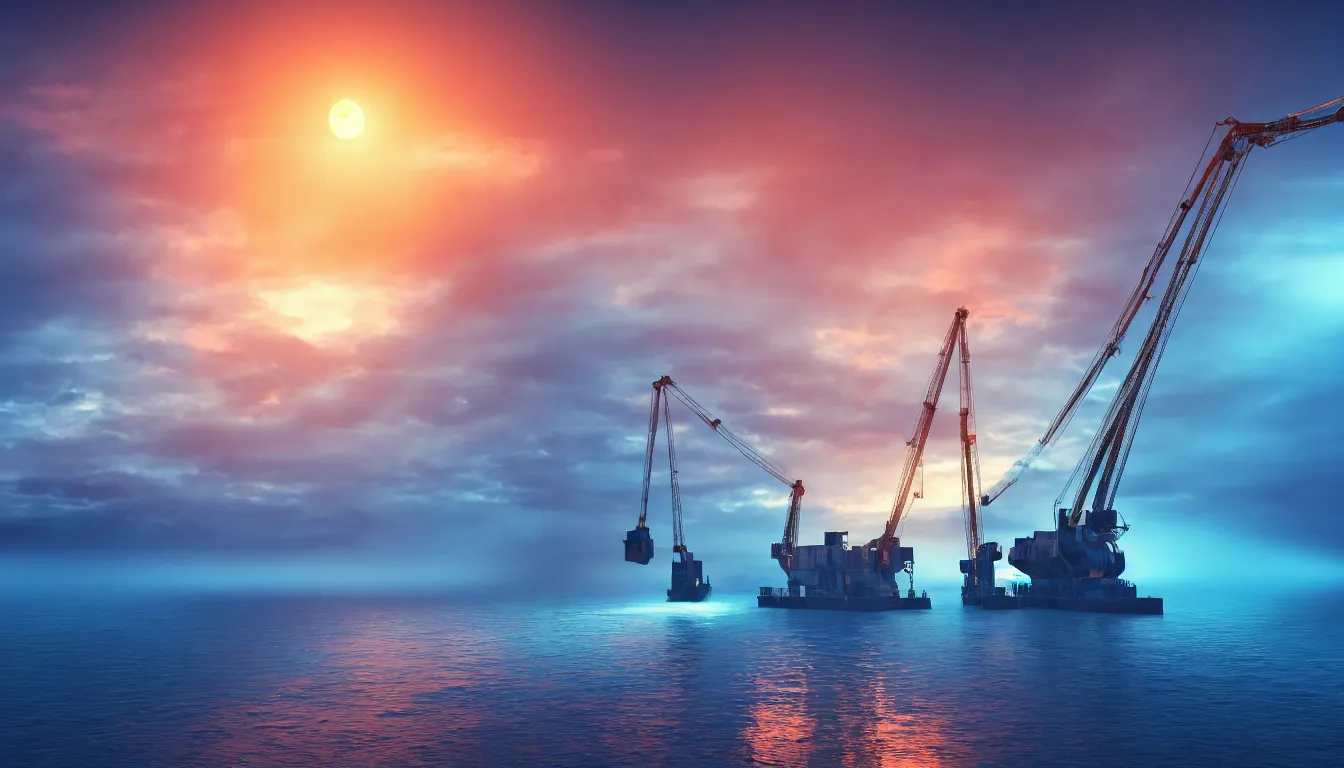 Prompt: huge machine cranes , feedback loop , burst of powders ,volumetric lighting, twisting vapour, bellowing dust , emerging seascape and beautiful sunset , full colour , upscale , 4k