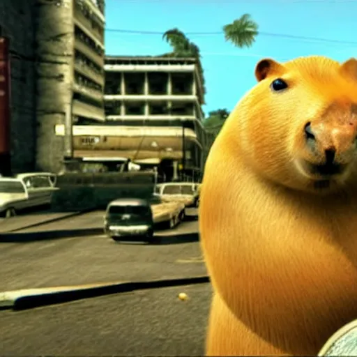 Image similar to capybara with a banana on top of its head. max payne game