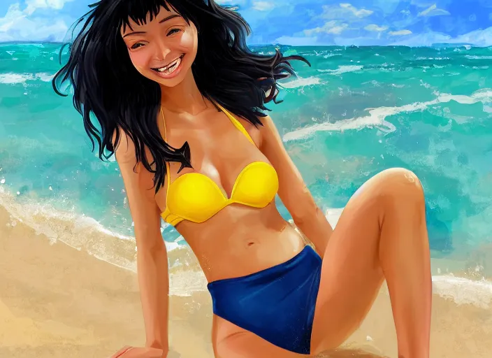 Prompt: a girl with black hair, with a very beautiful symmetrical face, a smile on her face, tanned skin, in a yellow bikini, against the background of a sea beach, digital art, high detail, digital painting, artstation