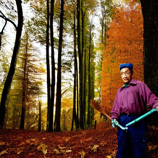 Image similar to closeup portrait of a cleaner with a huge rake in a fall forest, by Steve McCurry and David Lazar, natural light, detailed face, CANON Eos C300, ƒ1.8, 35mm, 8K, medium-format print