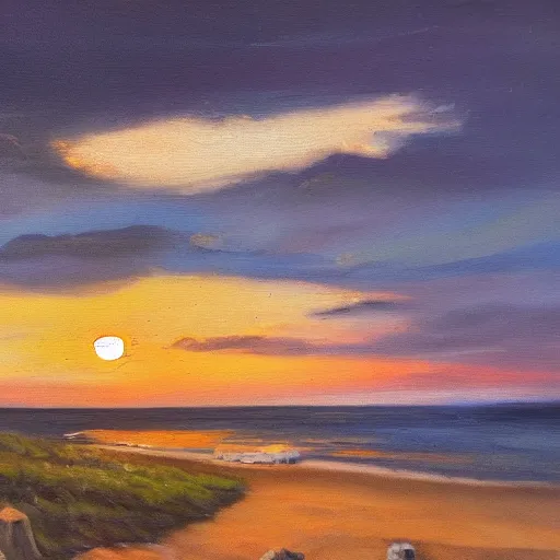Image similar to sunset over a cabin on the coast, sea, wood, oil painting