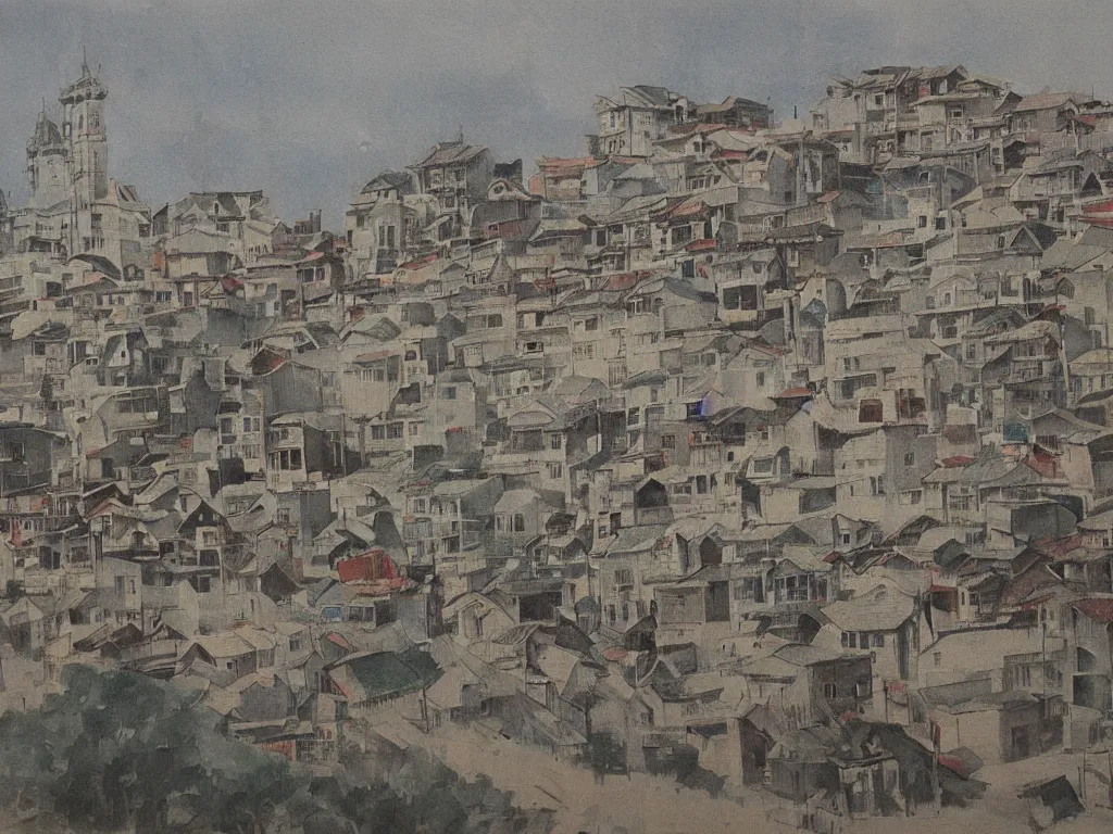 Prompt: painting of a town by huang gongwang