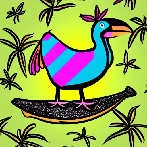 Image similar to cute digital illustration of a dodo bird surfing. super cute. tropical. colorful.