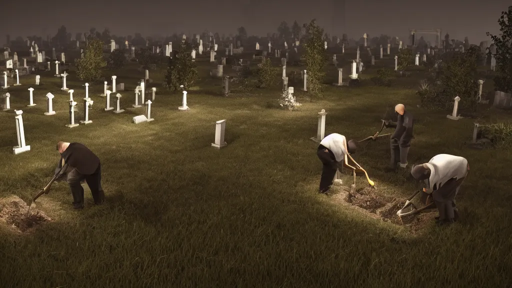 Image similar to men digging graves in graveyard on a cloudy night, unreal engine,