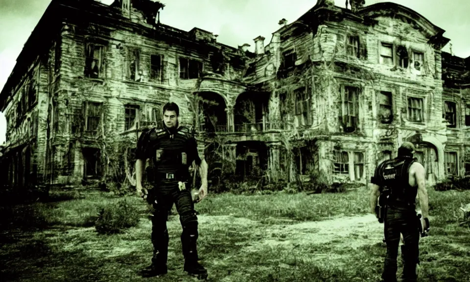 Image similar to 35mm film still, Resident evil, chris redfield in front of mansion, zombie, spooky, horror, old, dirty, reversal film stock