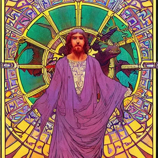 Prompt: “colorfull artwork by Franklin Booth and Alphonse Mucha and Moebius showing a portrait of Jesus riding a dinosaur”