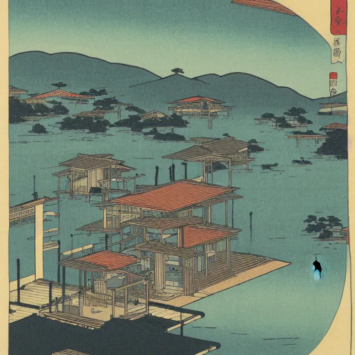 Image similar to a building in a serene landscape, ukiyoe