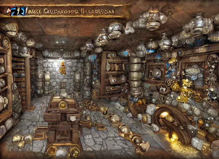 Image similar to a dwarven treasure room containing large multifaceted jewels, war hammers, and dwarven mining equipment