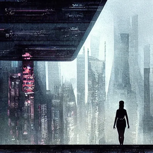 Prompt: “ girl standing on a roof looking down at a foggy futuristic new york city below, ghostpunk, blade runner, cyberpunk, storm clouds, very detailed, by mike deodato ”