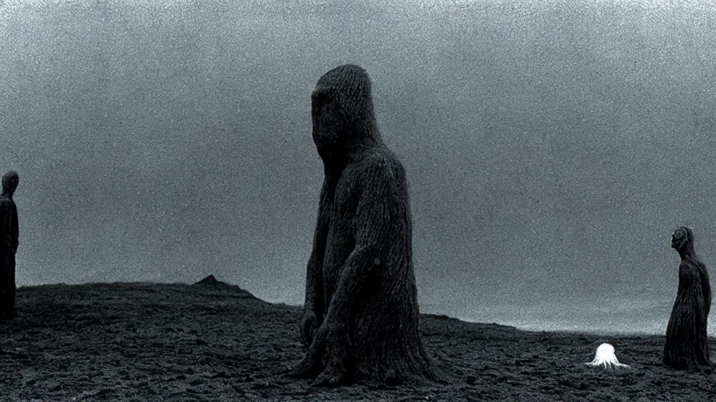 Image similar to the strange creature was sad, for they could not speak, film still from the movie directed by christopher nolan and david cronenberg with art direction by zdzisław beksinski and dr. seuss