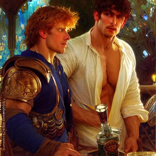 Image similar to attractive muscular arthur pendragon and muscular attractive merlin go to a pub together to have some drinks. highly detailed painting by gaston bussiere, craig mullins, j. c. leyendecker, alphonse mucha 8 k