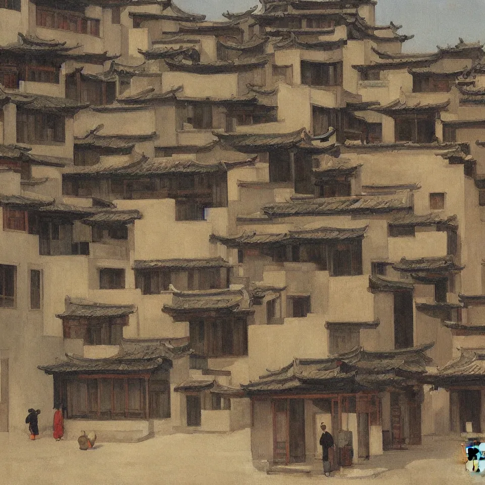 Prompt: a painting of hongcun ancient village houses by edward hopper