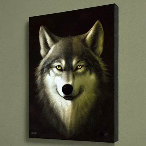 Image similar to realistic wolf fursuit, naturalistic oil painting by michelangelo merisi da caravaggio, chiaroscuro