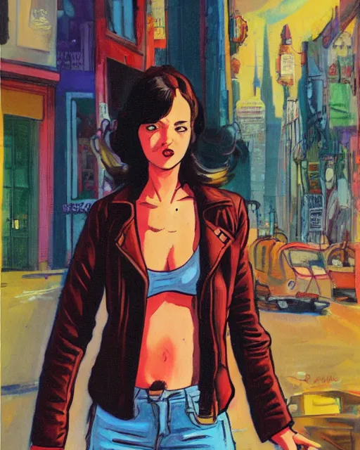 Image similar to young female protagonist in leather jacket, city street, artwork by ralph bakshi