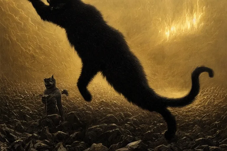 Image similar to artstation concept of a black cat as a dark lord fighting a battle against humans, war background, battle of the ages, hyperdetailed, artstation trending, world renowned artists, worth1000.com, historic artworks society, antique renewel, cgsociety, by greg rutkowski, by Gustave Dore, Deviantart