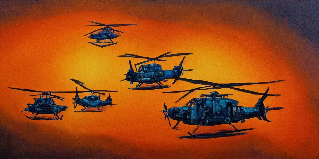 Image similar to Painting of vietnam American helicopters, above a forest, orange sun set, abstract, realism, 8k, detailed, glow