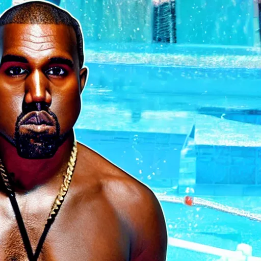 Prompt: photograph of kanye west in an aquaman costume at a waterpark.