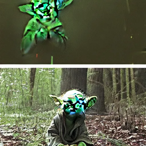 Prompt: yoda caught on a nightvision trailcam in a swamp