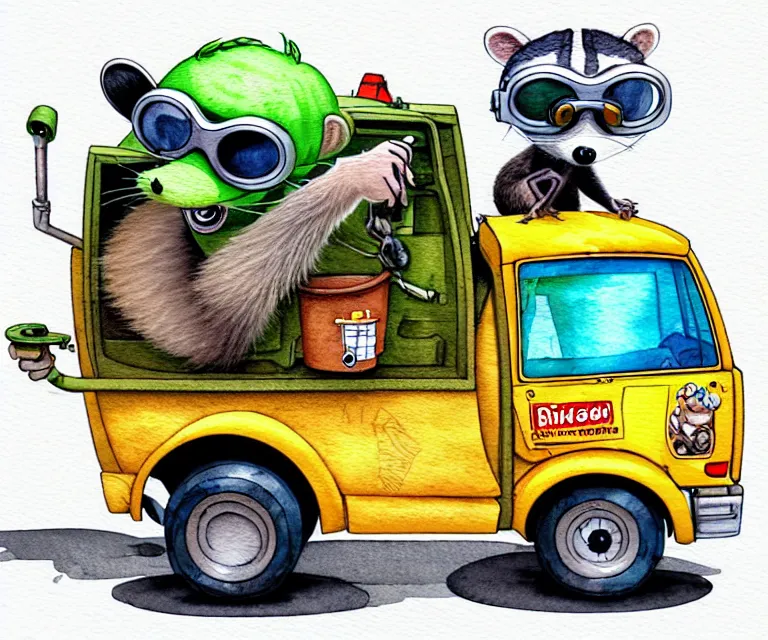 Image similar to cute and funny, racoon wearing goggles driving a tiny garbage truck, ratfink style by ed roth, centered award winning watercolor pen illustration, isometric illustration by chihiro iwasaki, edited by craola, tiny details by artgerm and watercolor girl, symmetrically isometrically centered