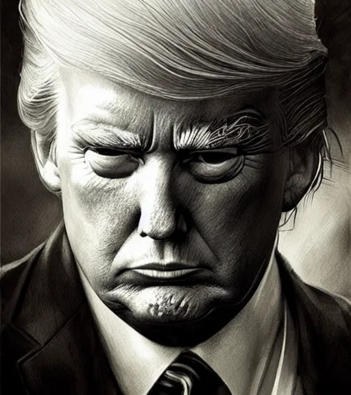 Prompt: trump, beautiful piercing eyes, realistic face, black and white drawing, in the style of greg rutkowski, fantasy, amazing detail, epic, intricate, elegant, smooth, sharp focus