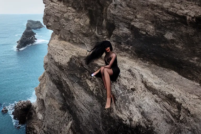 Image similar to photo of a gorgeous black model sitting on a Tesla on a cliff on the ocean By Emmanuel Lubezki