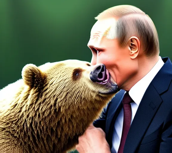 Prompt: vladimir putin mates bear, animals mating, lovely kiss, kiss mouth to mouth, romantic, emotional, love scene, insane details, clear face and eyes, textured, 8 k, professional photography, animal world, discovery channel