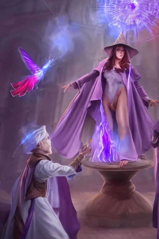 Image similar to short woman in prudish purple wizards apprentice robes with pointy hat at a crowded magical university, a flaming magical red flame hummingbird pet, full body shot unreal engine hyperreallistic render 8k character masterpiece digital art, cell shader shading, raytracing, comic art, manga, trending on Artstation, CGSociety