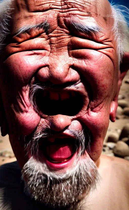 Image similar to screaming old asian man with beard, his head covered in jewels, full face silver mask, glowing eyes, wearing a wooden stick, smoke around him, in the dry rock desert, cinematic shot, wide angle, desert background, award winning photography, 8k, in the style of David Lynch, Alejandro Jodorowsky and Gaspar Noe