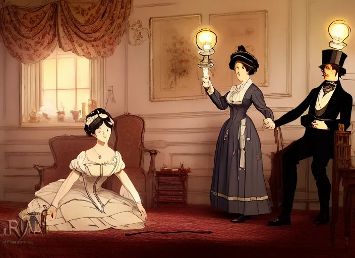 Image similar to victorian britain 1 8 3 6, wealthy couple william and fanny nightingale entertain guests in english victorian manor, adolecent florence nightingale reciting poetry, lamp light, finely detailed perfect art, gapmoe yandere grimdark, trending on pixiv fanbox, painted by greg rutkowski makoto shinkai takashi takeuchi studio ghibli