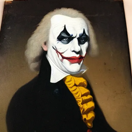 Image similar to 1 8 th century oil painting portrait of the joker wearing a white aristocratic outfit and wearing a monocle on his eye, very detailed, very intricate, 8 k,