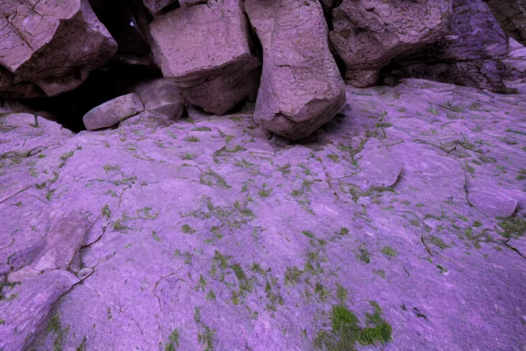 Image similar to rocks falling off a cliff in the evening, purple glow