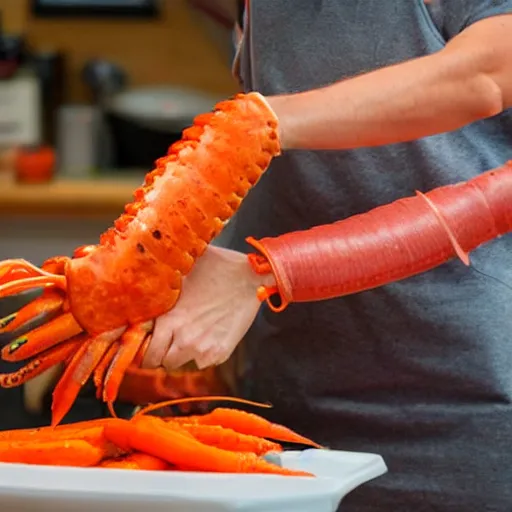 Image similar to human sized humanoid lobster sharpening a carrot