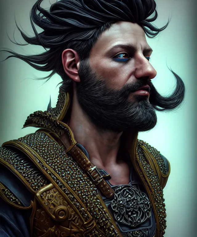 Prompt: hyperrealistic mixed media painting of a sly male rogue, stunning 3d render inspired art by P. Craig Russell and Barry Windsor-Smith + perfect facial symmetry + dim volumetric lighting, vibrant short black hair and beard, ornate dark leather tunic, dizzy, full body, 8k octane beautifully detailed render, post-processing, extremely hyperdetailed, intricate, epic composition, grim yet sparkling atmosphere, cinematic lighting + masterpiece, trending on artstation, very very detailed, masterpiece, stunning