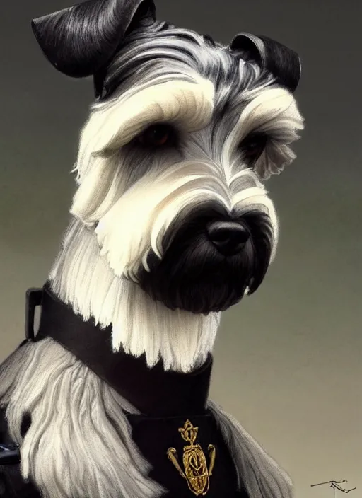 Image similar to portrait of stoic looking miniature schnauzer, military uniform, black fir, white eyebrows, fantasy, intricate, elegant, highly detailed, centered, dark, smokey, digital painting, artstation, concept art, smooth, sharp focus, illustration, art by artgerm and greg rutkowski and alphonse mucha