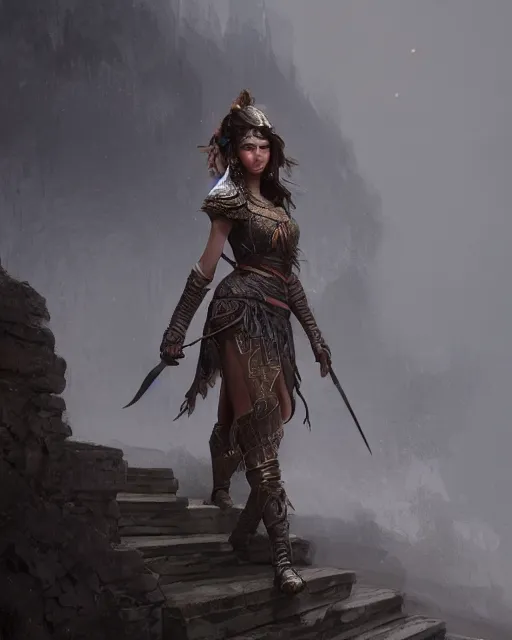 Image similar to A beautiful warrior walking up the castle stairs, beautiful face, highly detailed face, close-up, fantasy art, female art, in the style of greg rutkowski, illustration, epic, fantasy, intricate, hyper detailed, artstation, concept art, smooth, sharp focus, ray tracing