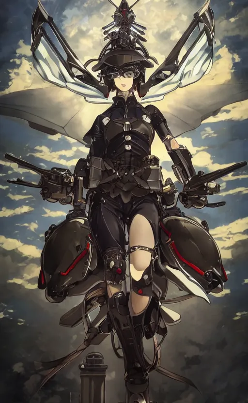 Image similar to mechanized valkyrie, anime style, anime character design, vintage clothing, spread wings, short hair, hair down, symmetrical facial features, from arknights, hyper realistic, 4 k, rule of thirds, extreme detail, detailed drawing, safebooru, hd, d & d, realistic lighting, by alphonse mucha, greg rutkowski, backlit